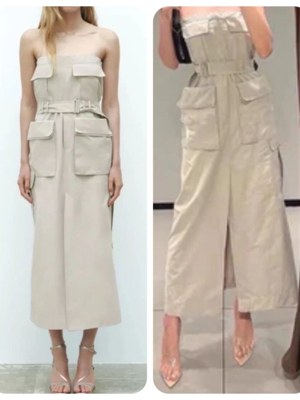 NEW Zara Strapless Safari Midi Cargo Dress MEDIUM, belt, front slit